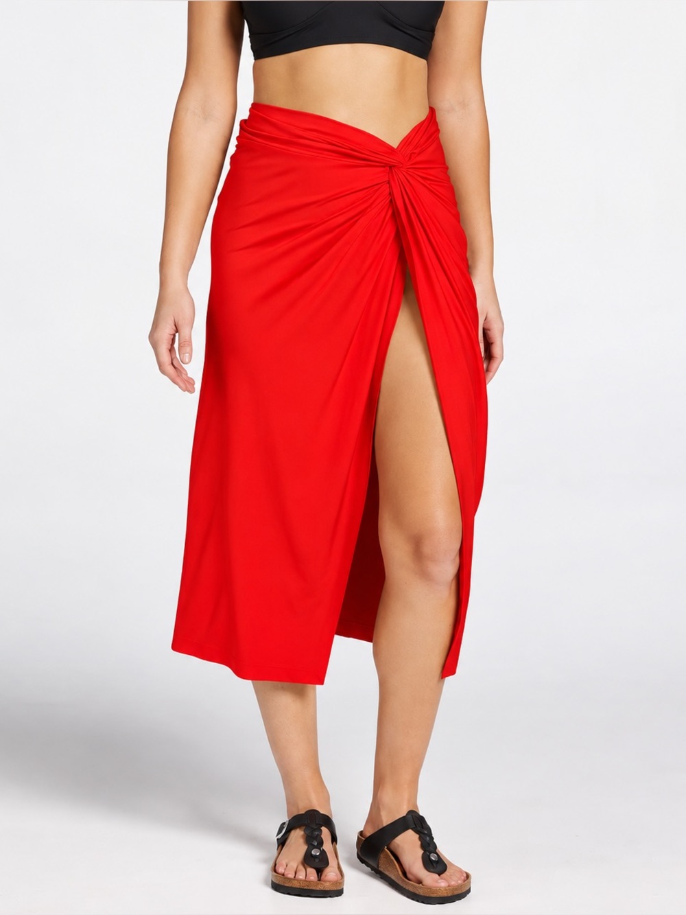 Red Knot-Front Midi Swim Cover Up Skirt